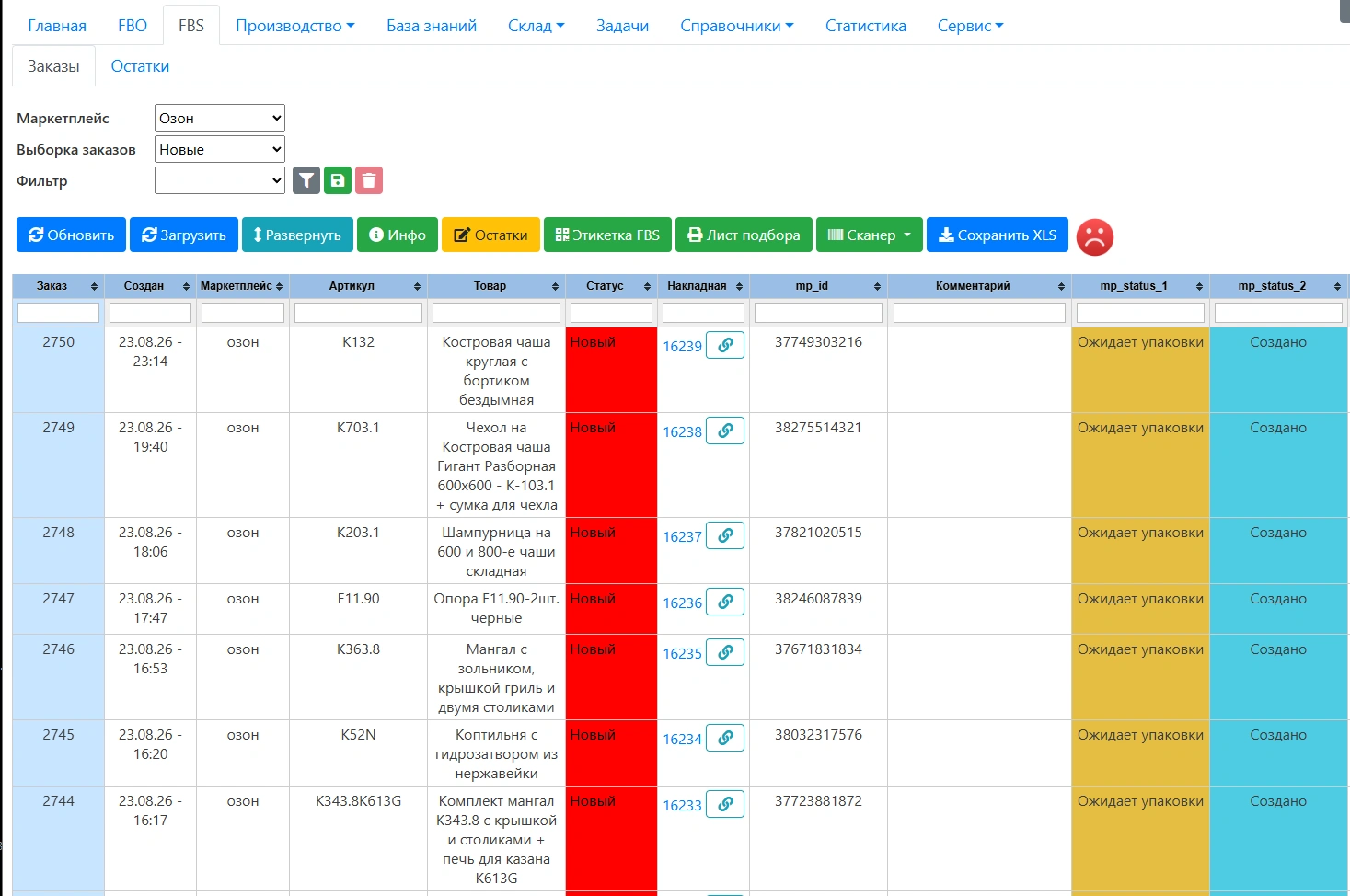 Интерфейс модуля «Работа по FBS: сборочные задания, автоматическая печать этикеток, синхронизация остатков» в M101-ERP